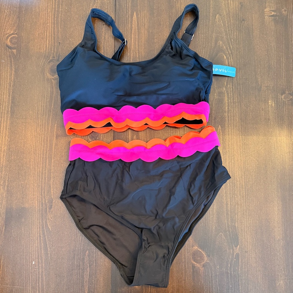 Black Two-Piece Bikini Swim Set with Pink & Orange Scallop Trim NWT new medium